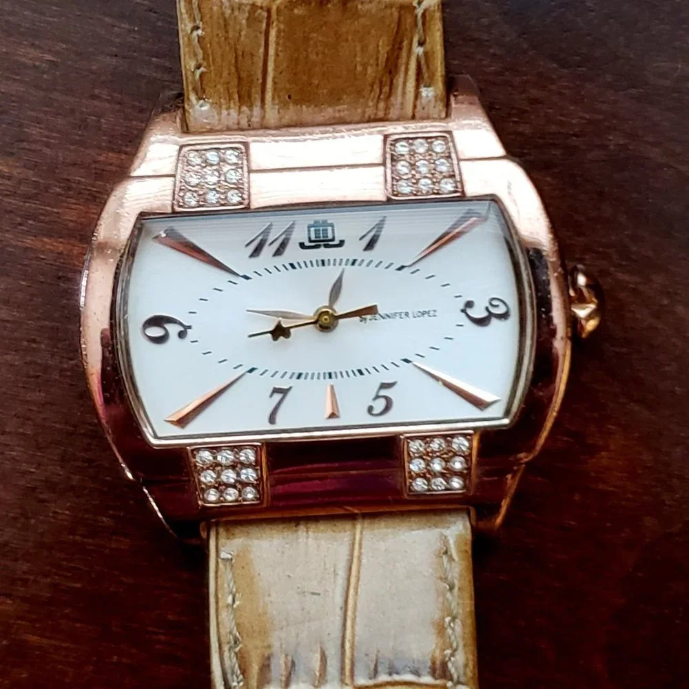Jennifer Lopez Rose Gold Crystal Accent Rectangle Face Leather Band Womens Watch